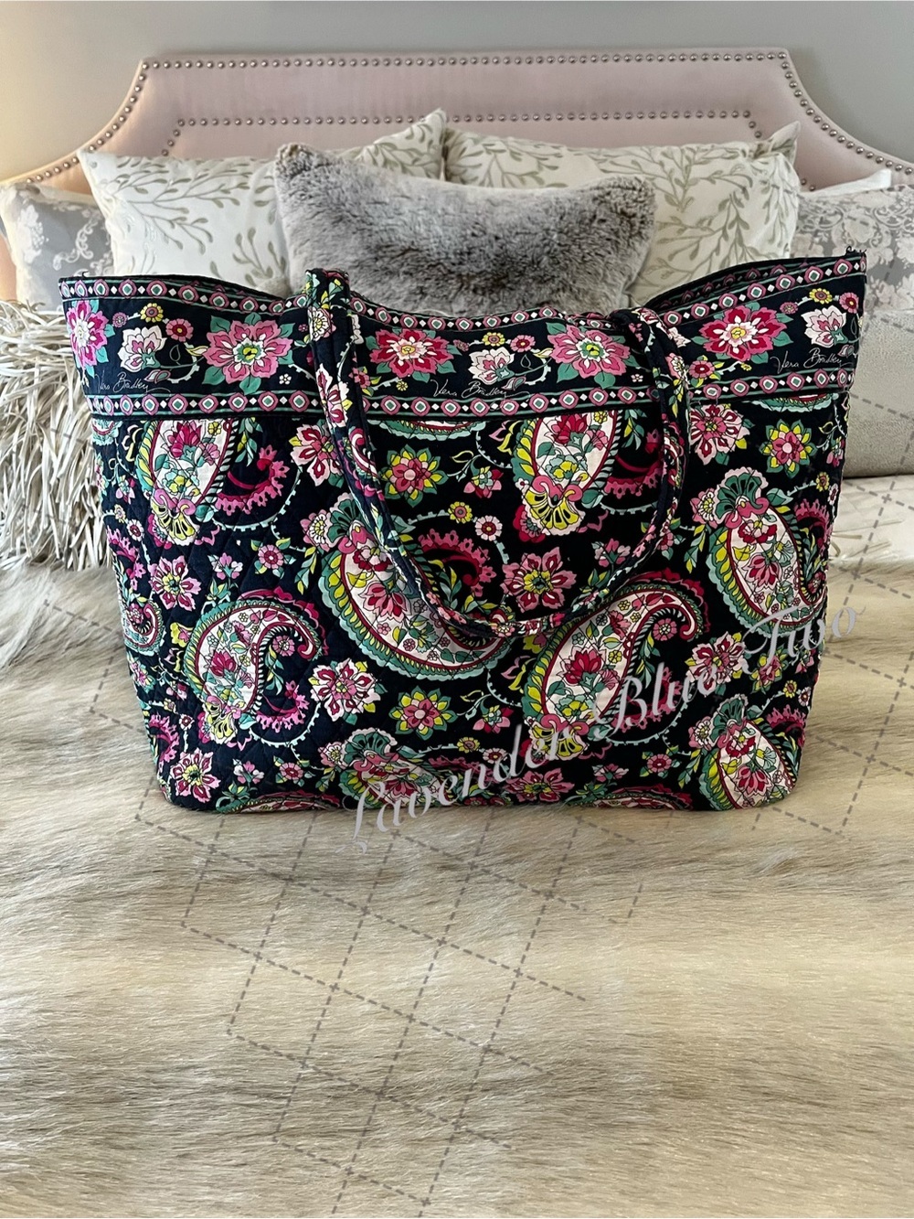 VERA BRADLEY Petal Paisley 2015 XL Huge Tote Navy Pink Floral Lightweight